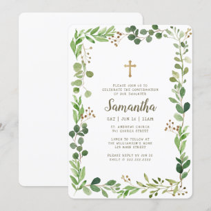 Invitation Confirmation De Sa Croix De Foliage Aquarellée
