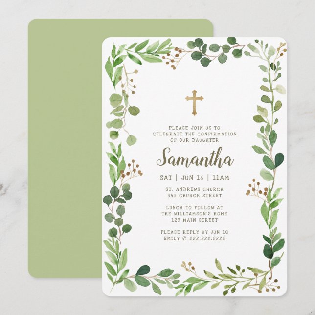 Invitation Confirmation De Sa Croix De Foliage Aquarellée (Devant / Derrière)