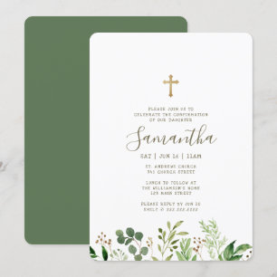 Invitation Confirmation De Sa Croix De Foliage Aquarellée