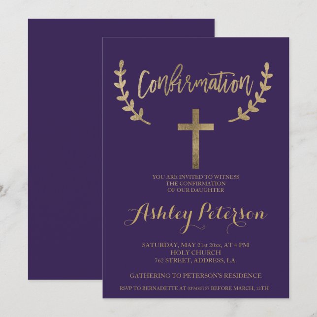 Invitation Confirmation de typographie élégante violet or (Devant / Derrière)