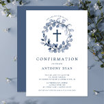 Invitation Confirmation des garçons de feuille bleue<br><div class="desc">Belles invitations de confirmation avec une feuille bleue molle et un ensemble de croix sur un arrière - plan blanc. Retournez notre invitation pour voir un retour de coordination pour une touche spéciale supplémentaire. Visitez notre boutique pour voir toute notre collection de feuilles.</div>