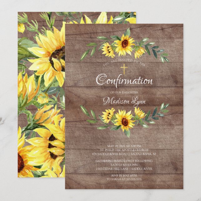Invitation Confirmation des tournesols jaunes rustiques (Devant / Derrière)