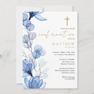 Invitation Confirmation d'or floral transparent bleu Dusty