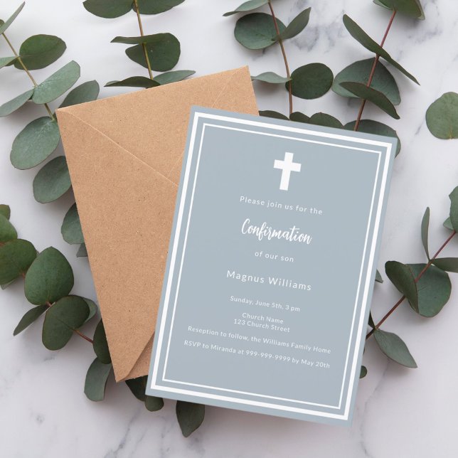 Invitation Confirmation du garçon bleu poussiéreux (Créateur téléchargé)