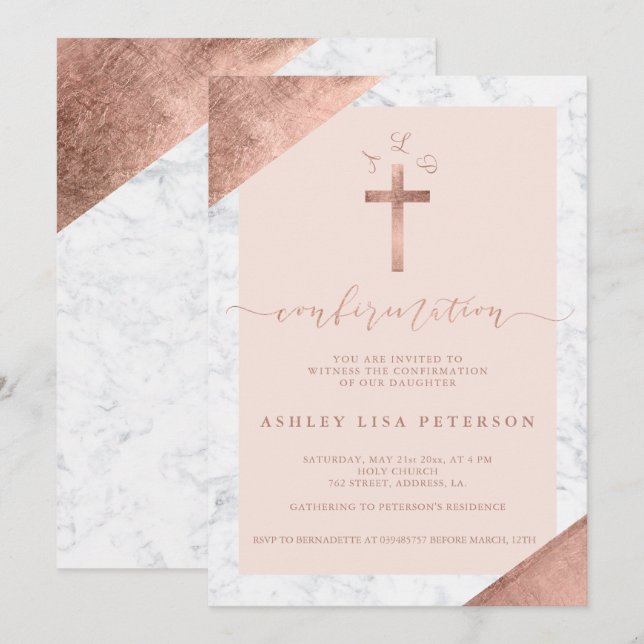 Invitation Confirmation du monogramme rose de la croix d'or r (Devant / Derrière)