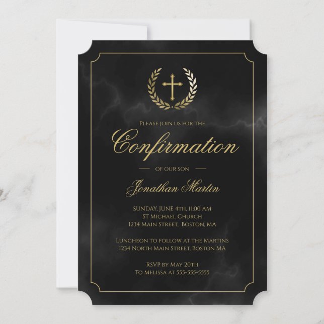 Invitation Confirmation Elegant Black Marble Script Boy (Devant)