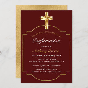Invitation Confirmation Elegant Burgundy Gold Boys