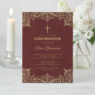 Invitation Confirmation Elegant Burgundy Gold Cross Vintage