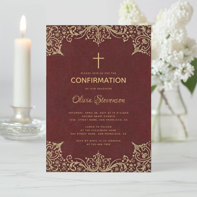 Invitation Confirmation Elegant Burgundy Gold Cross Vintage (Créateur téléchargé)