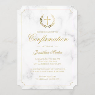 Invitation Confirmation Elegant Marbre blanc Gold Script Boy