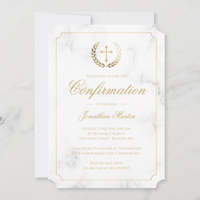 Invitation Confirmation Elegant Marbre blanc Gold Script garç (Devant)