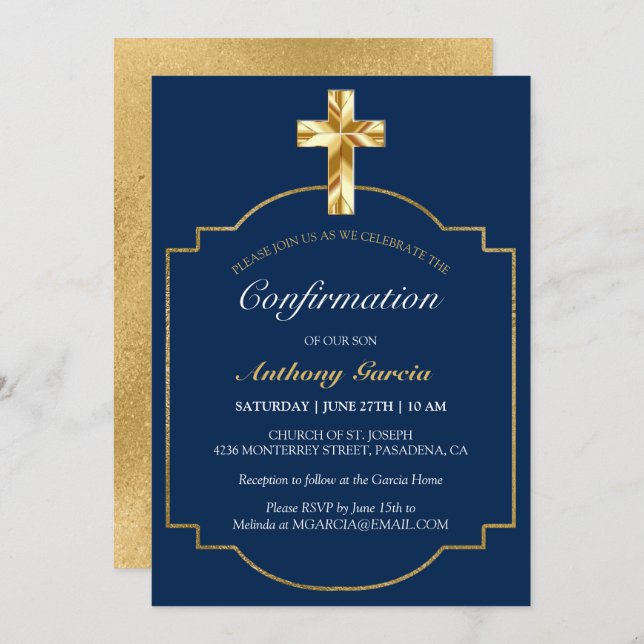 Invitation Confirmation Elegant Navy Gold Boys (Devant / Derrière)