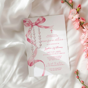 Invitation Confirmation Elegant Pink Bow & Rosary