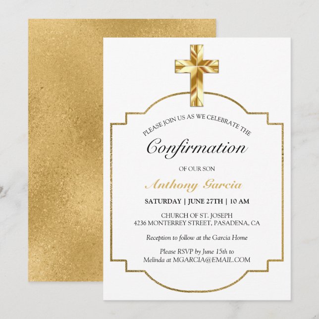 Invitation Confirmation Elegant White Gold Boys (Devant / Derrière)