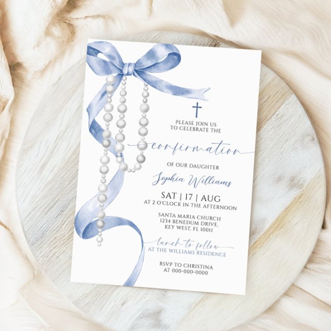 Invitation Confirmation Elégante Bleue Bow & Rosaire (Créateur téléchargé)