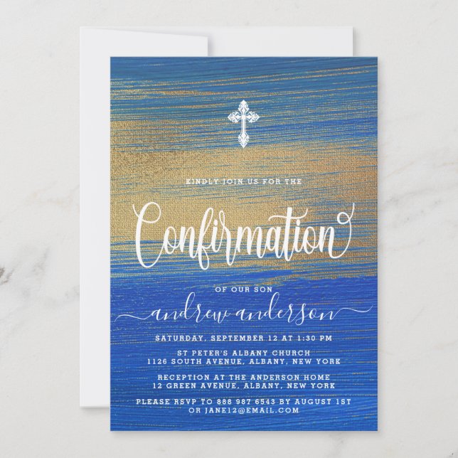 Invitation Confirmation Élégante Du Garçon Bleu Et Or (Devant)