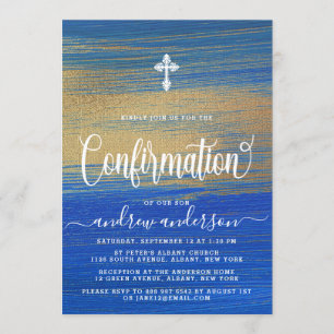 Invitation Confirmation Élégante Du Garçon Bleu Et Or