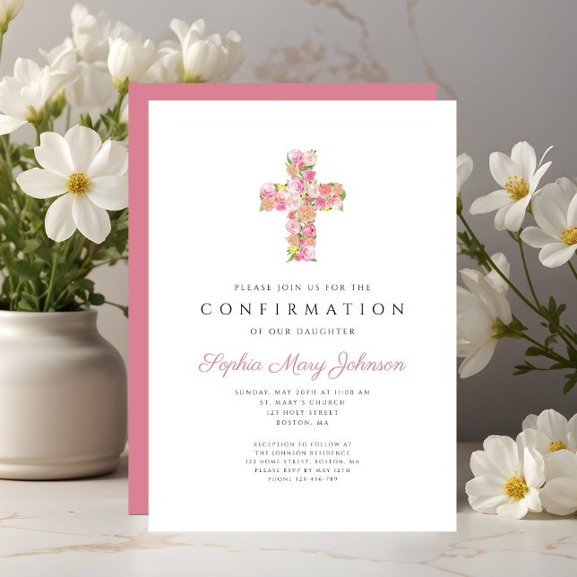 Invitation Confirmation élégante fille croix florale rose (Elegant Pink Floral Cross Girl Confirmation Invitation)