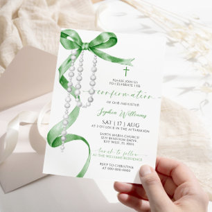 Invitation Confirmation Elégante Sage Green Bow & Rosary