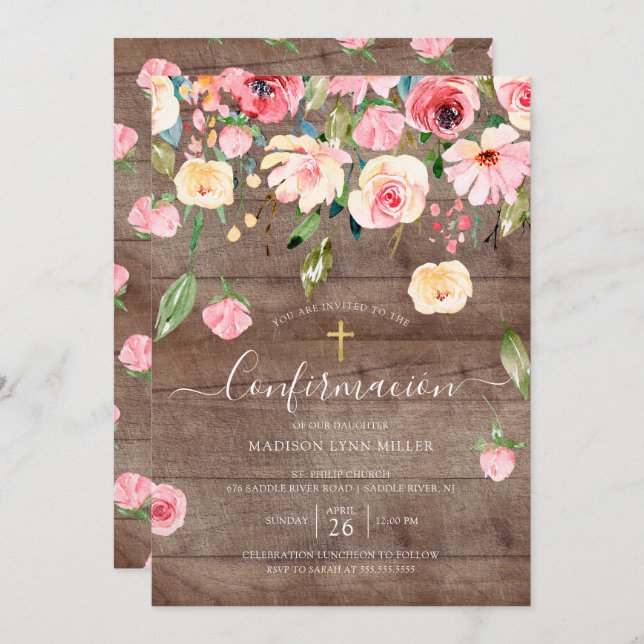 Invitation Confirmation en espagnol Rose Rustic Peonies (Devant / Derrière)