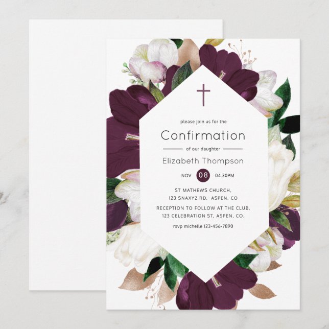 Invitation Confirmation en velours de prune foncé et fleurs b (Devant / Derrière)