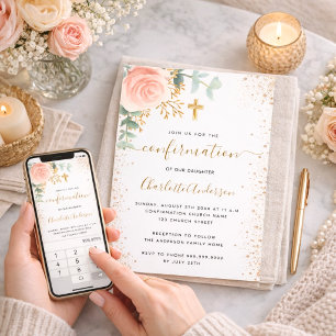 Invitation Confirmation eucalyptus rose poudré floral girl