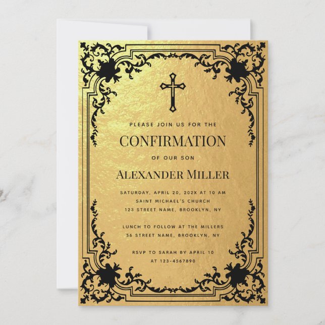 Invitation Confirmation Faux Gold Foil Vintage Cross Luxury (Devant)