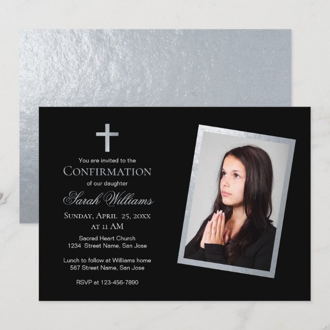 Invitation Confirmation Faux Silver & Black Photo Calligraphy (Devant / Derrière)