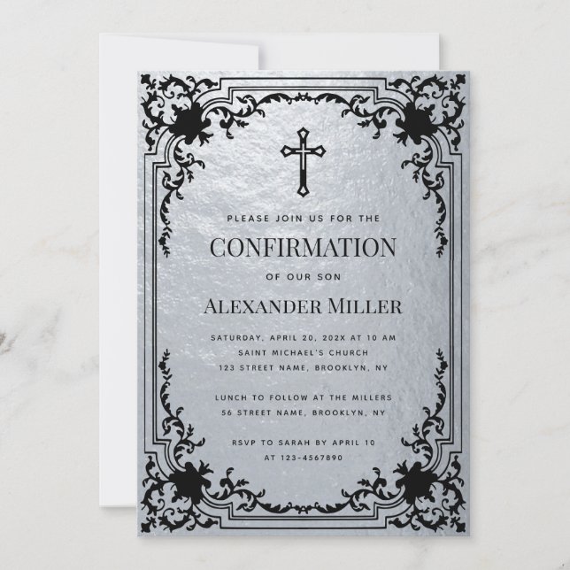 Invitation Confirmation Faux Silver Croix Vintage métallique (Devant)