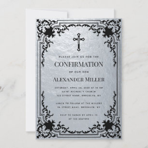 Invitation Confirmation Faux Silver Croix Vintage métallique