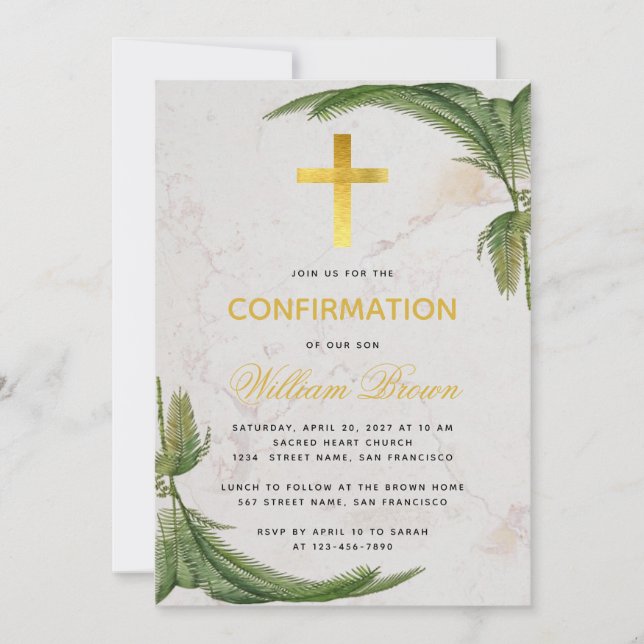 Invitation Confirmation Fern Green Faux Gold Cross Marble (Devant)