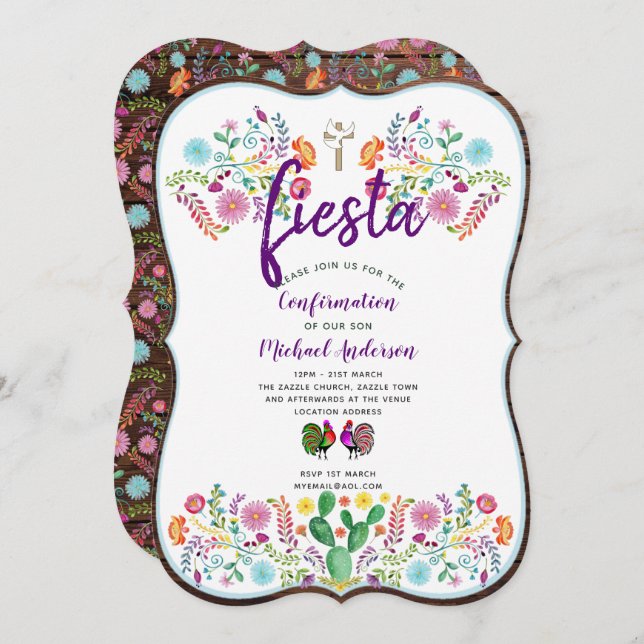 Invitation CONFIRMATION Fiesta Mexicaine Fleurs Folk Rustique (Devant / Derrière)