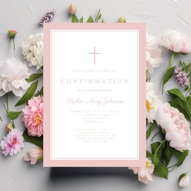 Invitation Confirmation Fille Croix Rose Moderne (Modern Pink Cross Girl Confirmation Invitation)