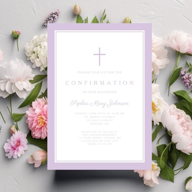 Invitation Confirmation Fille de Croix Violette Moderne (Modern Purple Cross GIrl Confirmation Invitation)