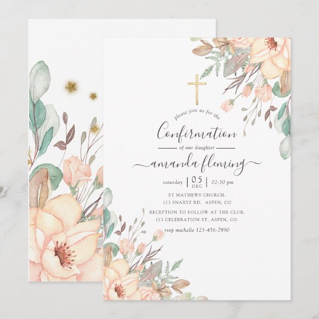 Invitation Confirmation Fille Fleur Rose Pâle (Devant / Derrière)