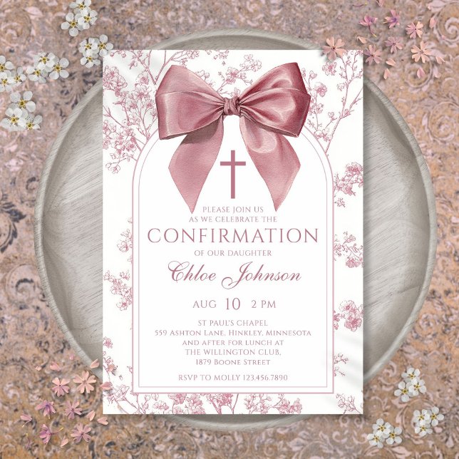 Invitation Confirmation Fille Fleur Rose Vintage (Vintage Pink Bow Floral Girl Confirmation Invitation)