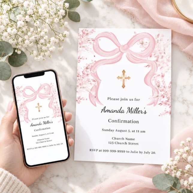 Invitation Confirmation fille fleurs ruban rose (Créateur téléchargé)