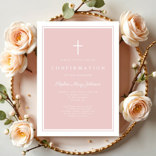 Invitation Confirmation Fille Moderne Rose Pâle Croix