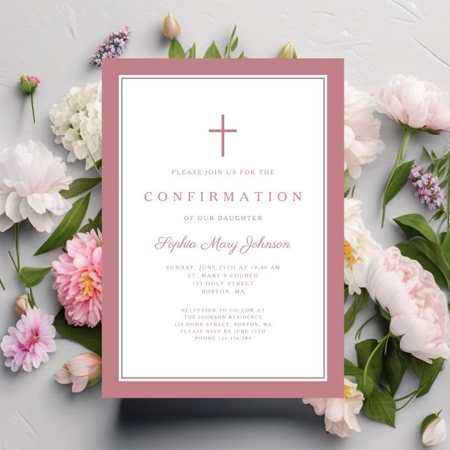 Invitation Confirmation Fille Moderne Rose Poussiéreuse Croix (Modern Dusty Pink Cross Girl Confirmation Invitation)