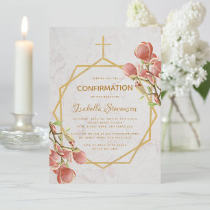 Invitation Confirmation Fille Or Rose Magnolia Marbre Floral