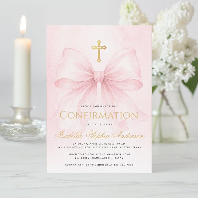 Invitation Confirmation Fille Ruban Rose Croix Dorée Fausse É (Créateur téléchargé)