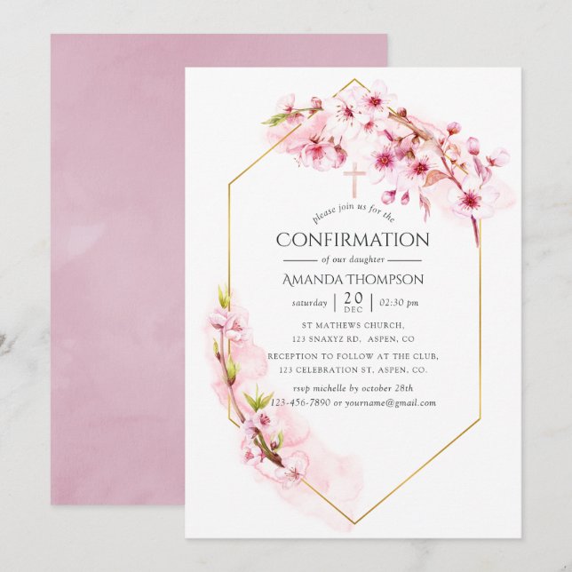 Invitation Confirmation Fleur de Cerisier Géométrique Rose Pr (Devant / Derrière)