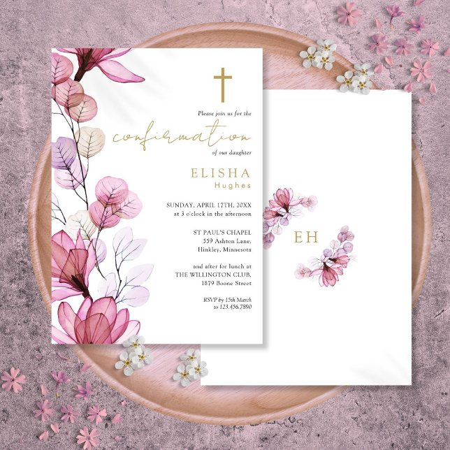 Invitation Confirmation Fleurale Transparente Rose Poussiéreu (Créateur téléchargé)
