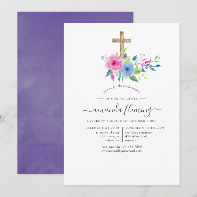 Invitation Confirmation Fleurie Aquarelle Ultra Violet (Devant / Derrière)