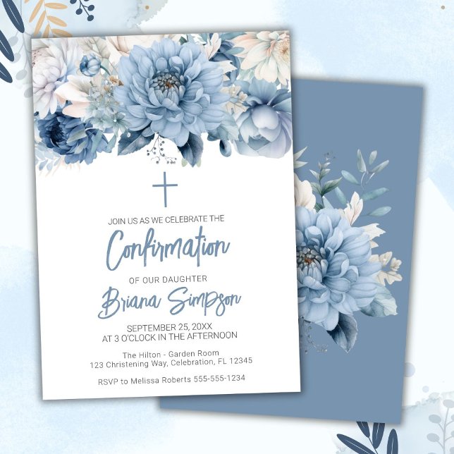 Invitation Confirmation Fleurie Bleu Poussière (Créateur téléchargé)
