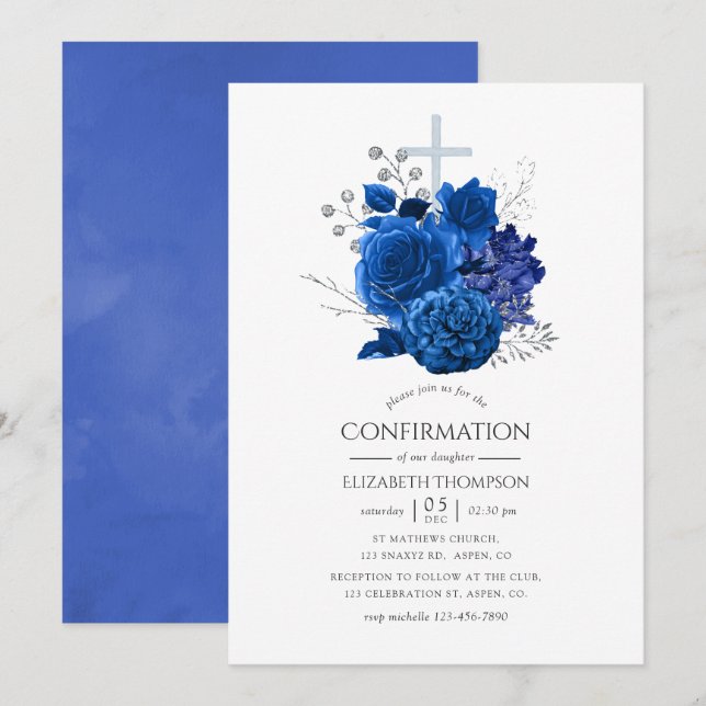 Invitation Confirmation Fleurie Bleu Royal et Argent (Devant / Derrière)