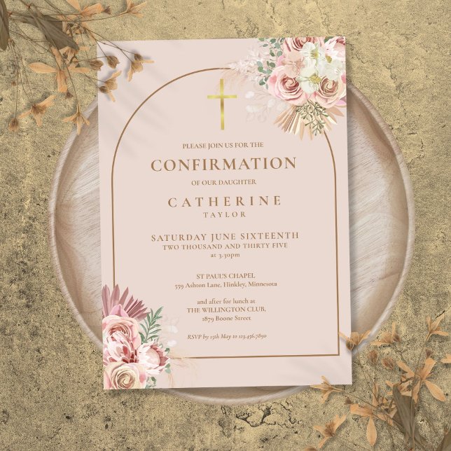 Invitation Confirmation Fleurie Herbe de Pampas Arc en Or Ros (Pink Gold Arch Pampas Grass Floral Confirmation Invitation)