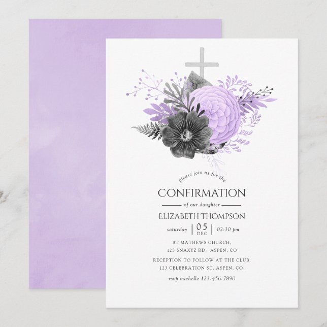 Invitation Confirmation Fleurie Lilas et Charbon (Devant / Derrière)