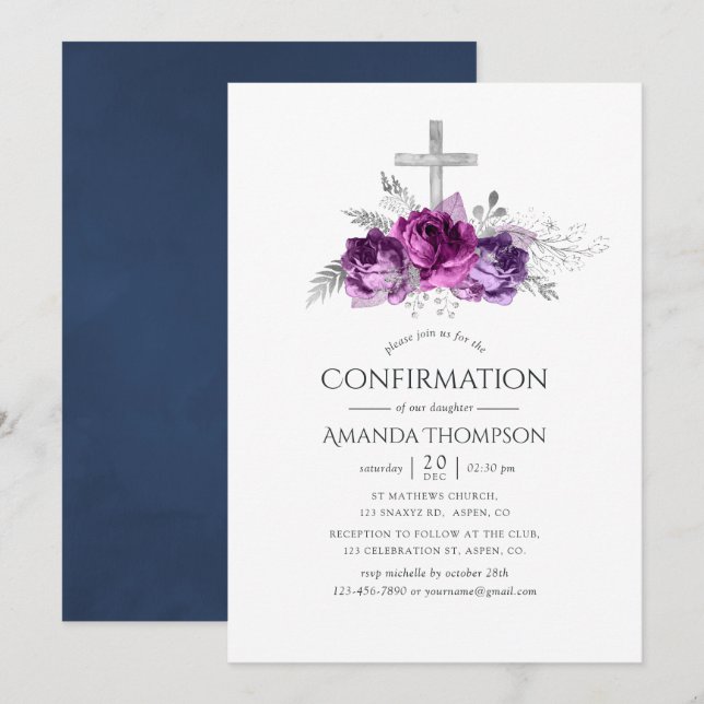 Invitation Confirmation Fleurie prune et marine (Devant / Derrière)