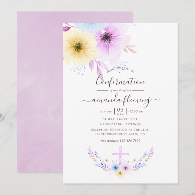 Invitation Confirmation Fleurie Rose et Bleue Pastel (Devant / Derrière)